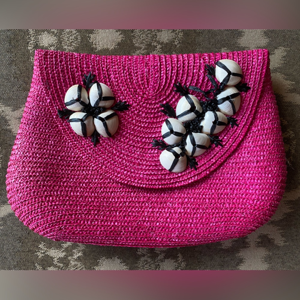 Felix Rey Fuschia Straw Clutch with Shell detail